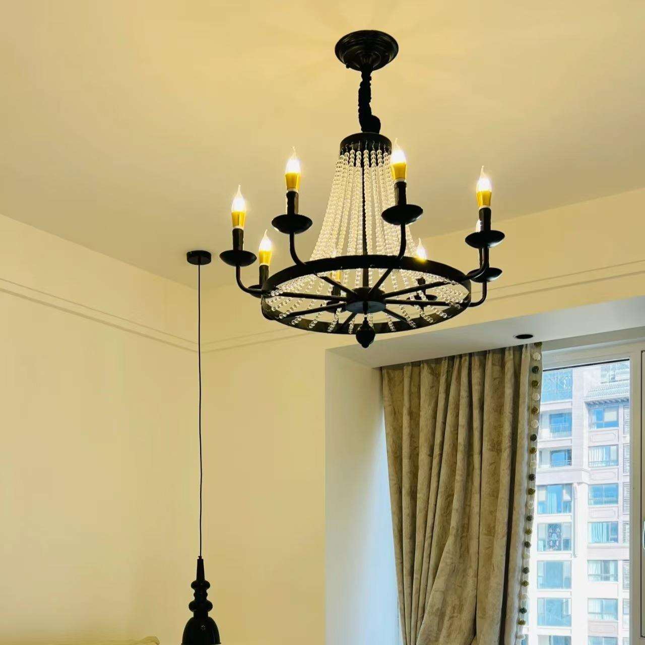 美式复古蜡烛灯水晶吊灯客厅卧室法式灯黑色轻奢浪漫珍珠餐厅灯具