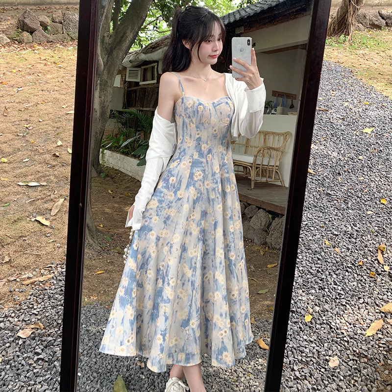 速发大裙胖微装法式碎花连衣裙吊带长码高级感遮肚裙子