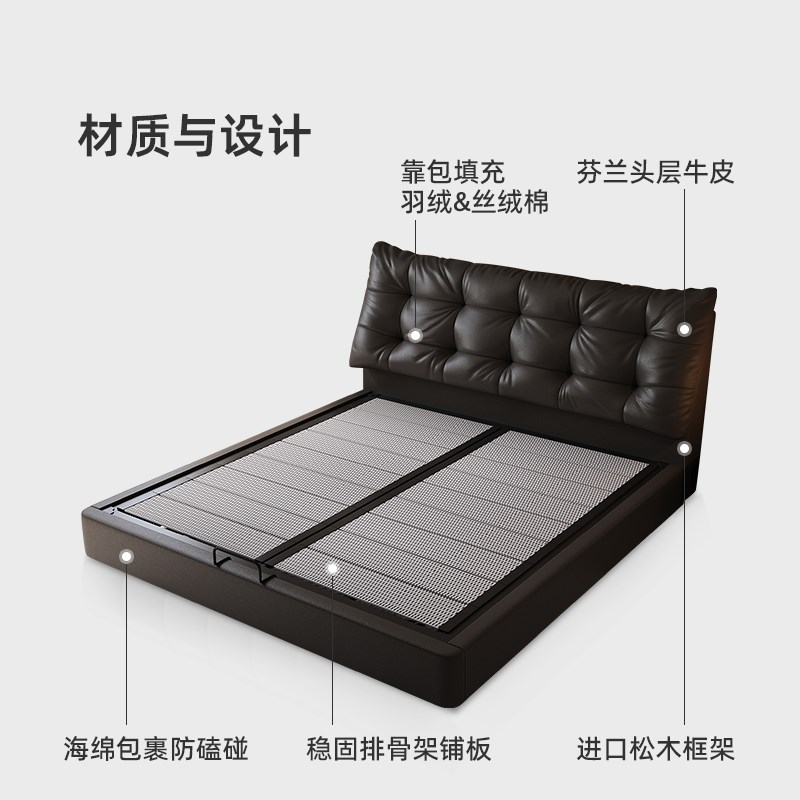 速发意式极简真皮床主卧高端大气头层牛皮床现代简约黑色软包双人