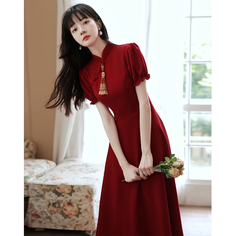 现货速发敬酒服新娘冬季结婚回门中式旗袍平时可穿红色小礼服裙订