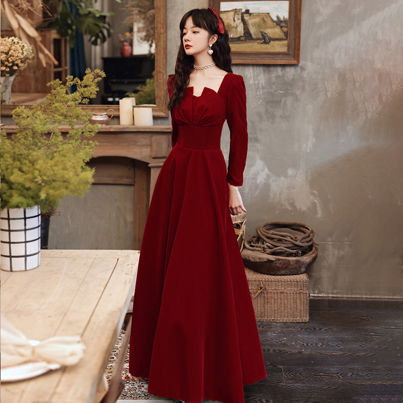 速发新红色敬酒服酒娘2022新款冬季结婚订婚高级晚礼服连衣裙平时