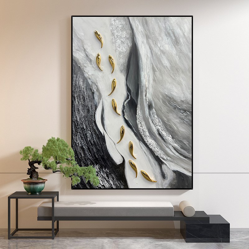 速发otrt手绘油画《九鱼图》轻奢玄关背景墙装饰画抽象客厅挂画