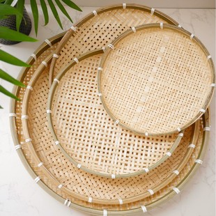 竹编有孔筛子圆簸箕米筛家用粗孔细孔晾晒辣椒菜干晒盘装饰沥水筛