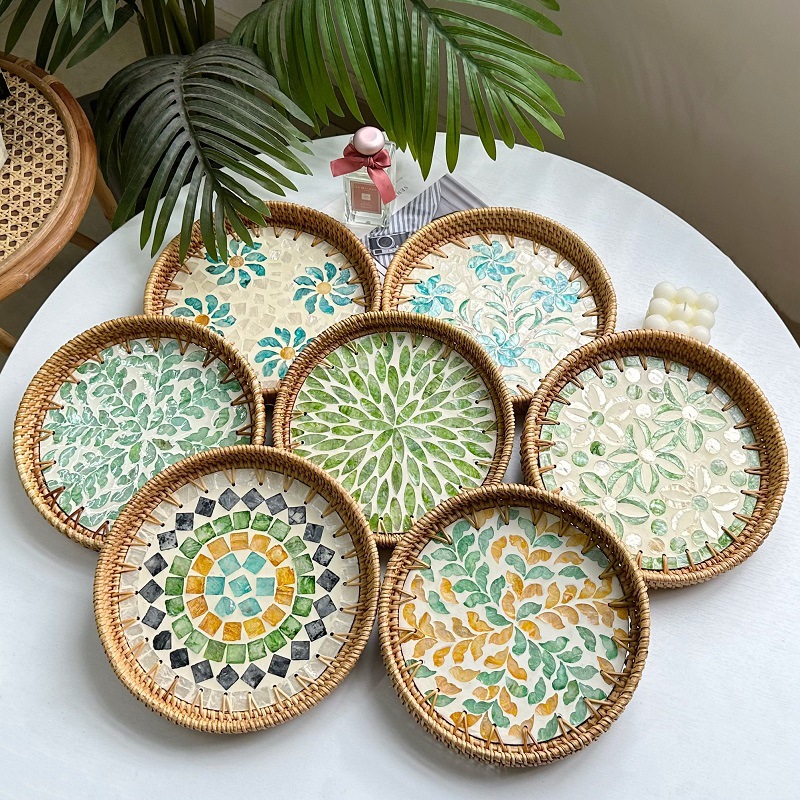 越南藤编托盘圆形多彩贝壳盘藤篮