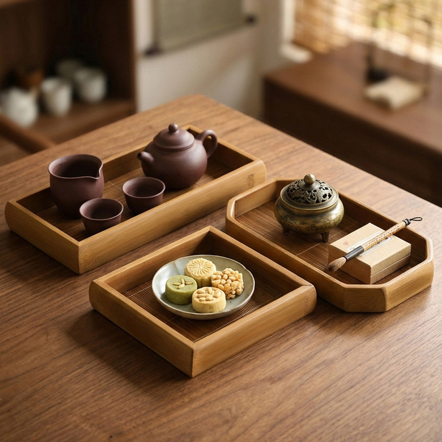 中式竹席面茶盘复古家用托盘竹盘古风餐厅糕点茶点盘竹制收纳盘