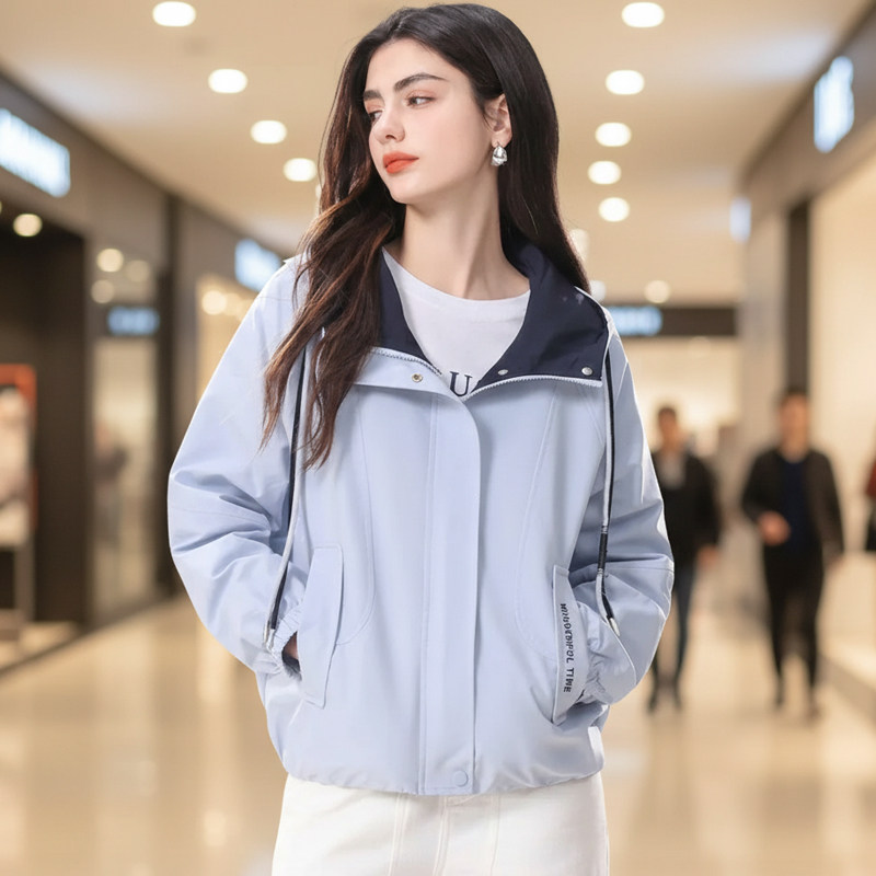 韩系连帽撞色短款外套女2026春季新款时尚小个子上衣冲锋衣夹克潮