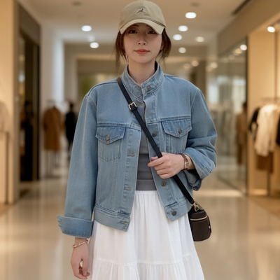 复古港风蓝色立领牛仔外套女款2026新款春季休闲百搭短款夹克上衣
