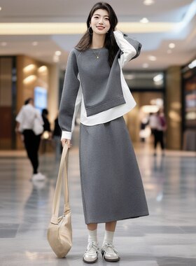 撞色拼接卫衣套装女春秋季2025宽松时尚休闲减龄两件套半身裙套装