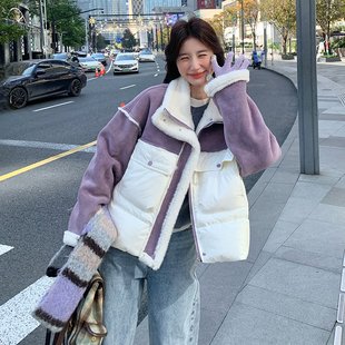 羊羔毛拼接棉衣棉服女2025冬季新款加厚外套短款小个子保暖面包服
