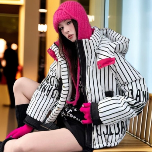 冬季新款棉服条纹大字母牛仔拼接2025女连帽宽松保暖加厚棉衣外套