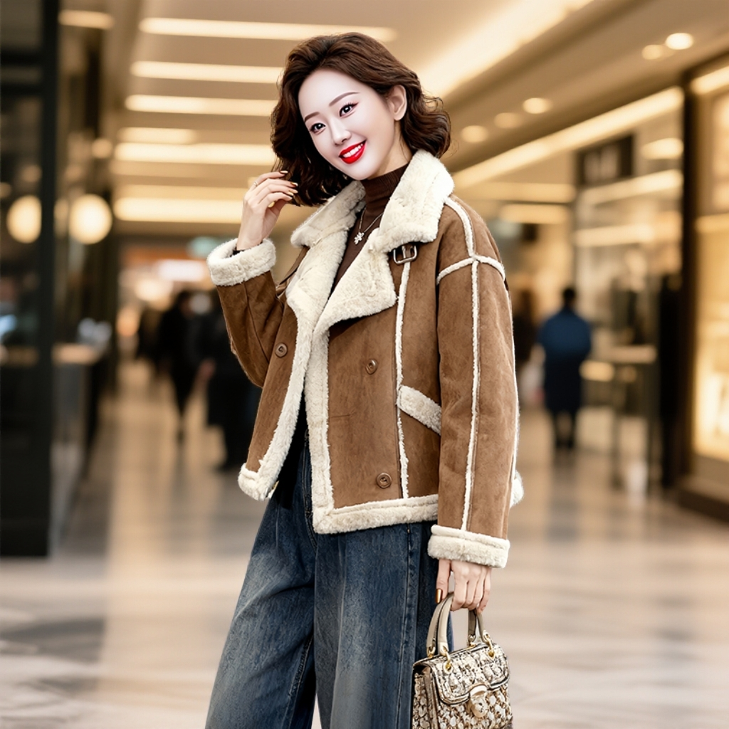 皮毛一体羊羔毛外套冬女2025新款仿鹿皮绒短款加绒加厚短外套上衣,女装/女士精品,短外套,淘宝优惠券,粉丝福利购,淘宝优惠卷