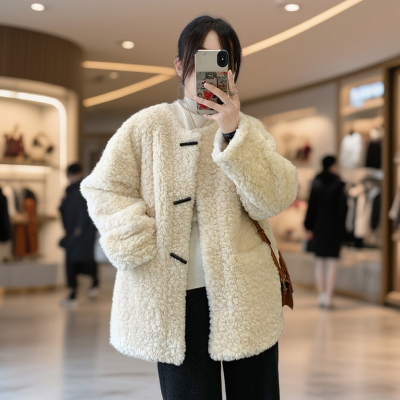 韩系2025冬季新款圆领牛角扣羊羔毛皮毛一体毛绒外套女中长款大衣