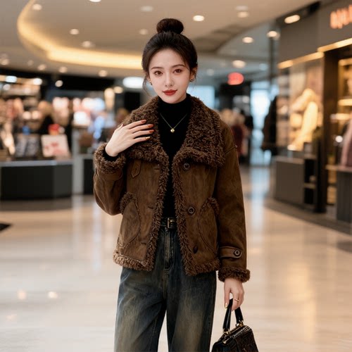 复古皮毛一体外套女短款2025冬季新款仿羊羔毛麂皮绒保暖加厚上衣
