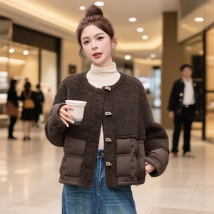 羊羔毛拼接羽绒棉服女冬季2025新款时尚宽松短款轻薄保暖棉衣外套