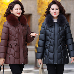 妈妈冬装 中老年保暖棉衣女 PU皮衣外套加绒加厚毛领皮棉服2025时尚