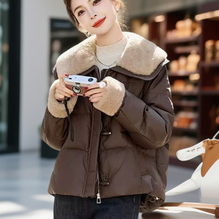 PU皮大翻领羽绒棉服女冬2025新款小个子保暖皮毛一体加厚棉衣外套