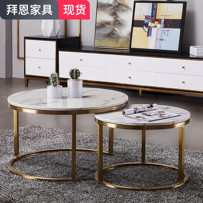 轻奢客厅大理石茶几电视柜组合现代简约不锈钢小户型圆形客厅边几