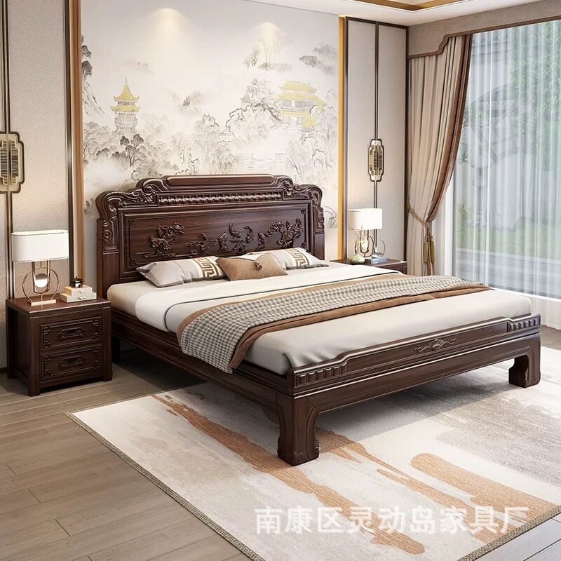 批发 金花梨木全实木床 双人床明清中式古典卧室榫卯结构雕花大床