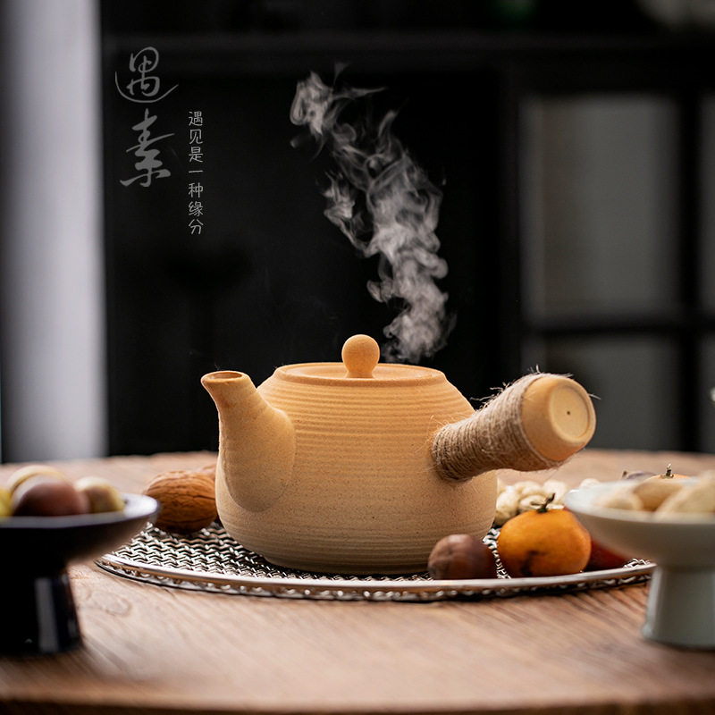 户外炭火加热茶壶侧把壶炭炉围炉煮茶壶白泥罐罐茶陶壶泡茶器单壶