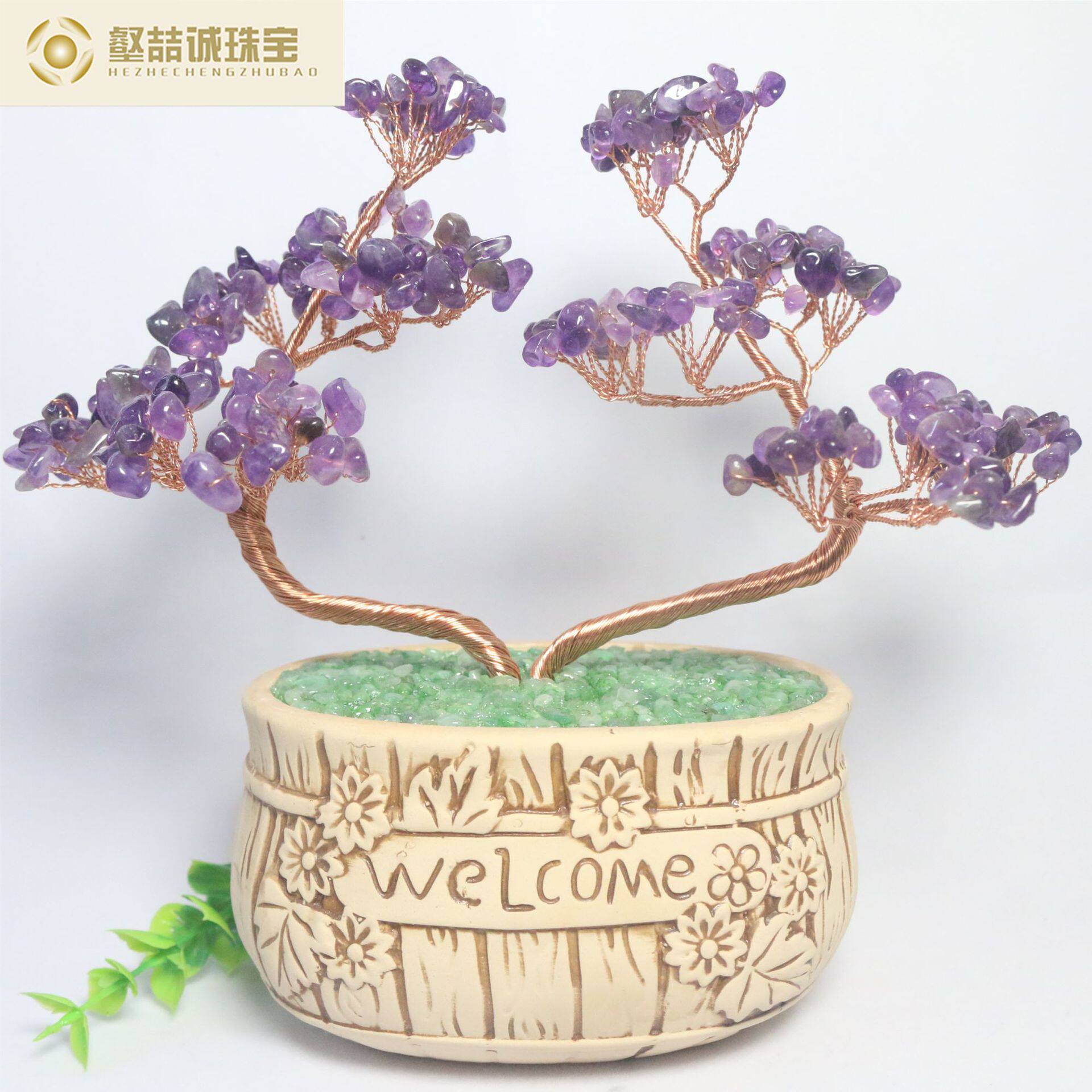 跨境热销疗愈水晶树碎石枝心形双生树陶瓷底座小树摆件七色碎石树