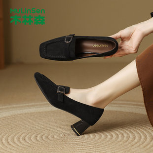 木林森女鞋2026春季新款复古方头粗跟高跟单鞋一脚蹬百搭浅口单鞋