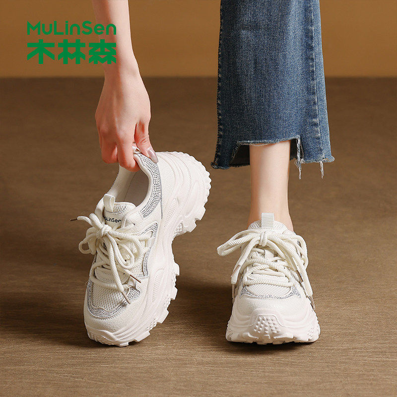 木林森女鞋2026春季新款透气网面松糕休闲鞋厚底增高小个子老爹鞋