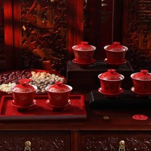 一对E喜碗杯子婚礼红色茶具敬酒敬 高档结婚庆用品改口敬茶杯套装