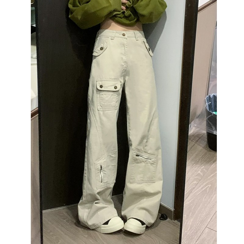 复古多口袋工装牛仔裤大码女装秋冬新款H宽松显瘦高腰微喇叭阔腿