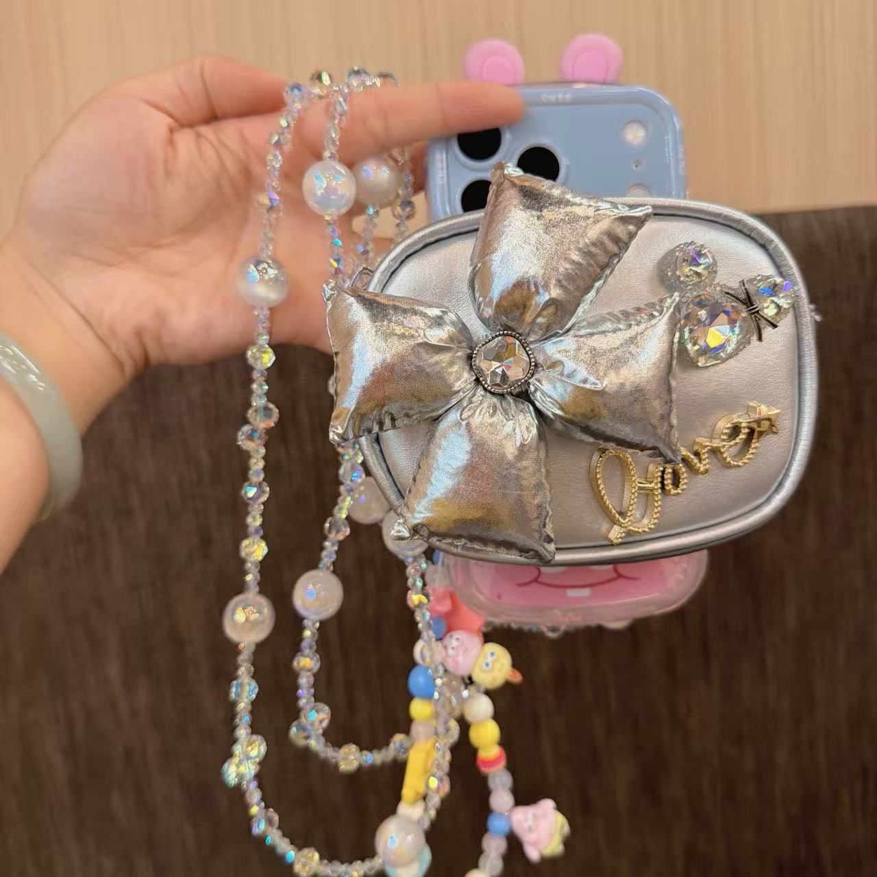 【钱包款背夹】小银色蝴蝶结方包手机包