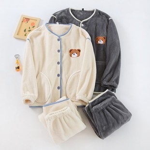 珊瑚绒睡衣男士 法兰绒女士家居服宽松加绒长袖 款 情侣睡衣加厚冬季