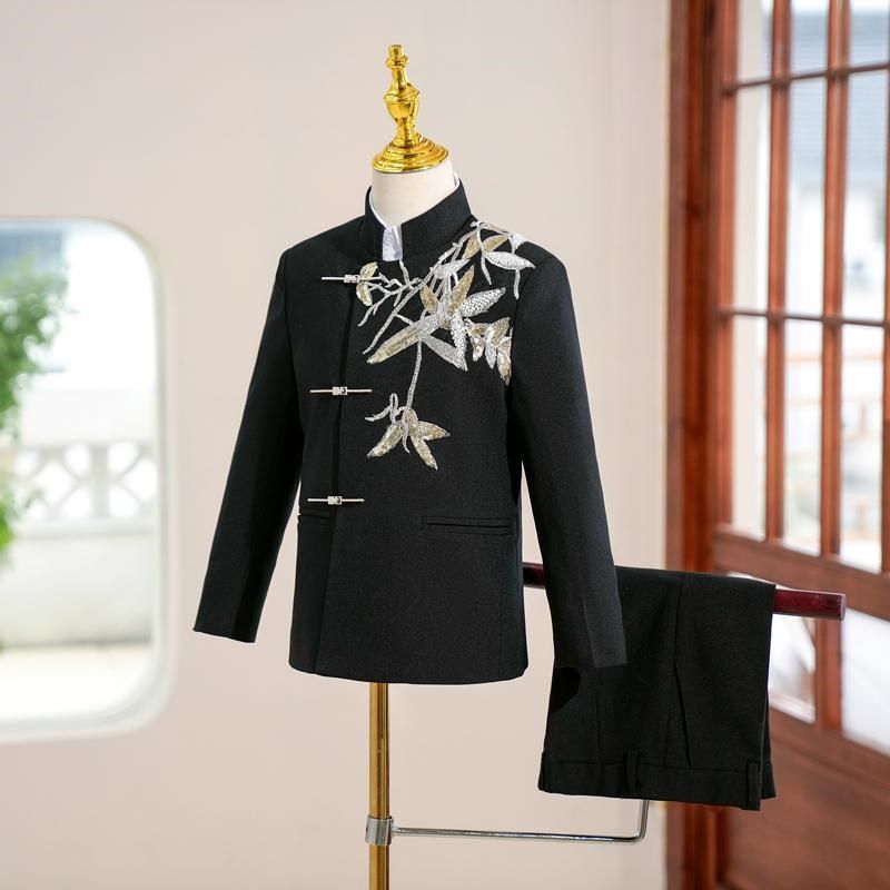 男童复古唐装国风西服套中山装男孩朗诵演讲主持人礼服新中式西装