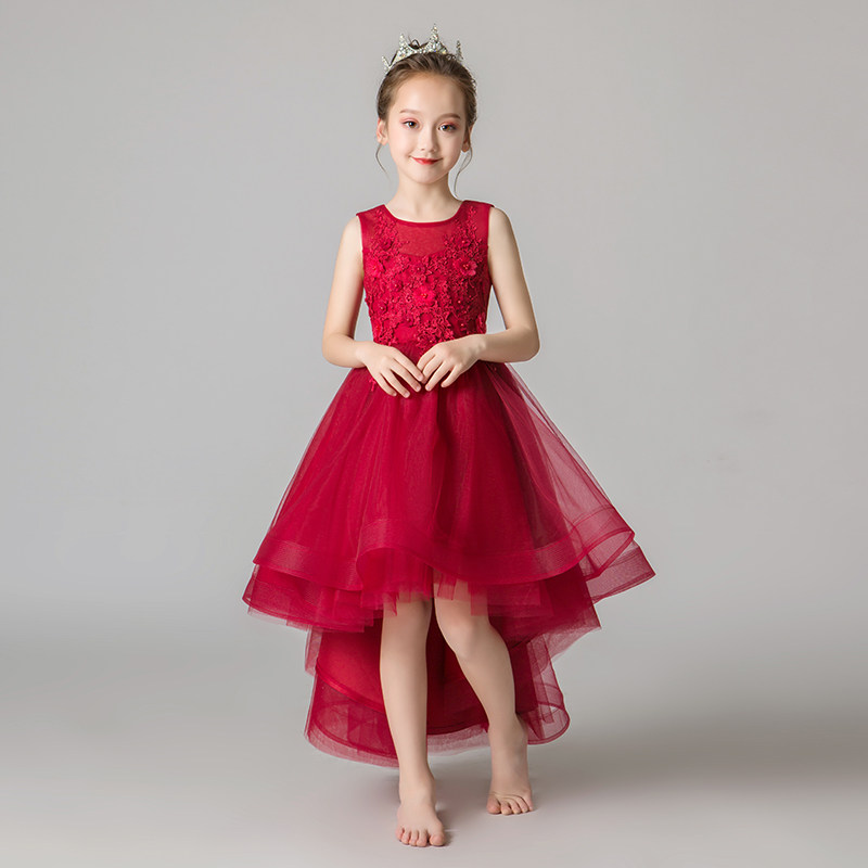 小女孩公主裙女童蓬蓬纱洋气花童晚礼服儿童主持人钢琴演出服红色