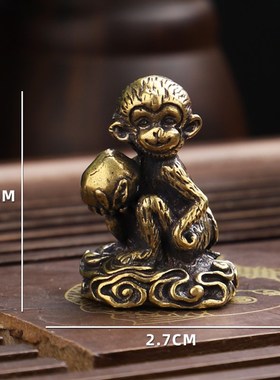 实心纯铜猴子献桃精美摆件生肖可爱小猴子寿桃铜把件仿古铜雕茶宠