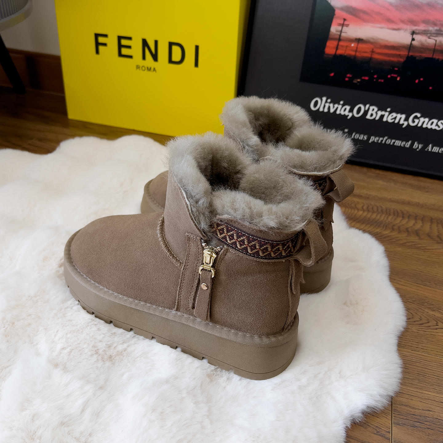 全羊毛雪地靴女短筒拉链厚底棉鞋