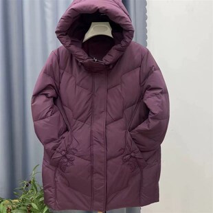速发冬季妈妈装厚绒服纯老外套加羽连帽中长款中色年刺绣大码宽松