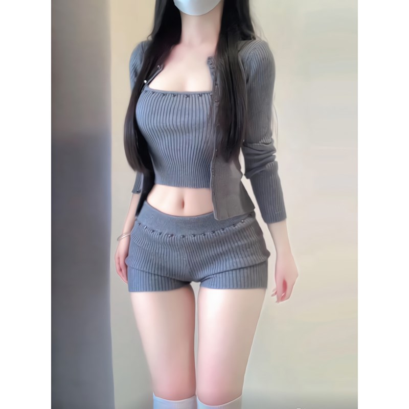 速发美式袖古辣妹针织套4202装新款长复开衫吊带上衣短裤三件套