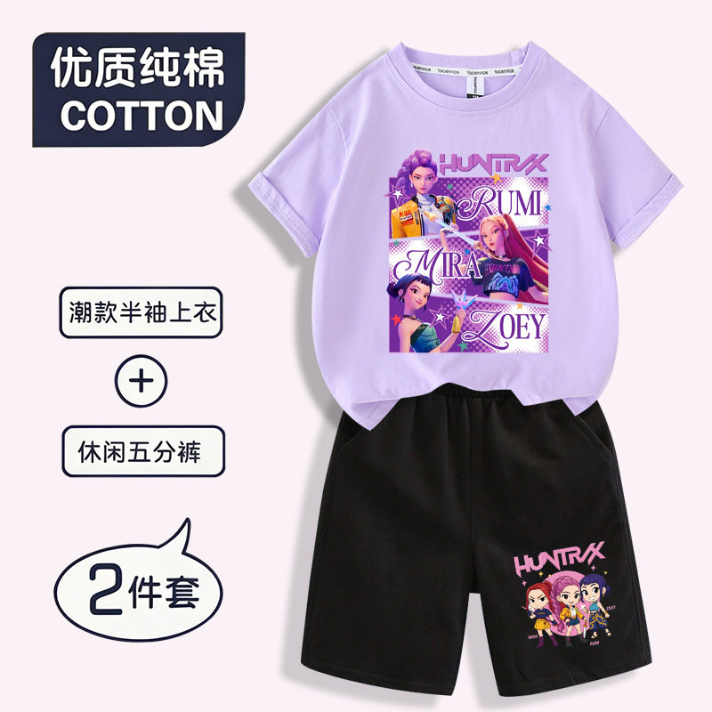 跨境Kpop Demon Hunters猎魔女团两件套男女中大童短袖短裤套装