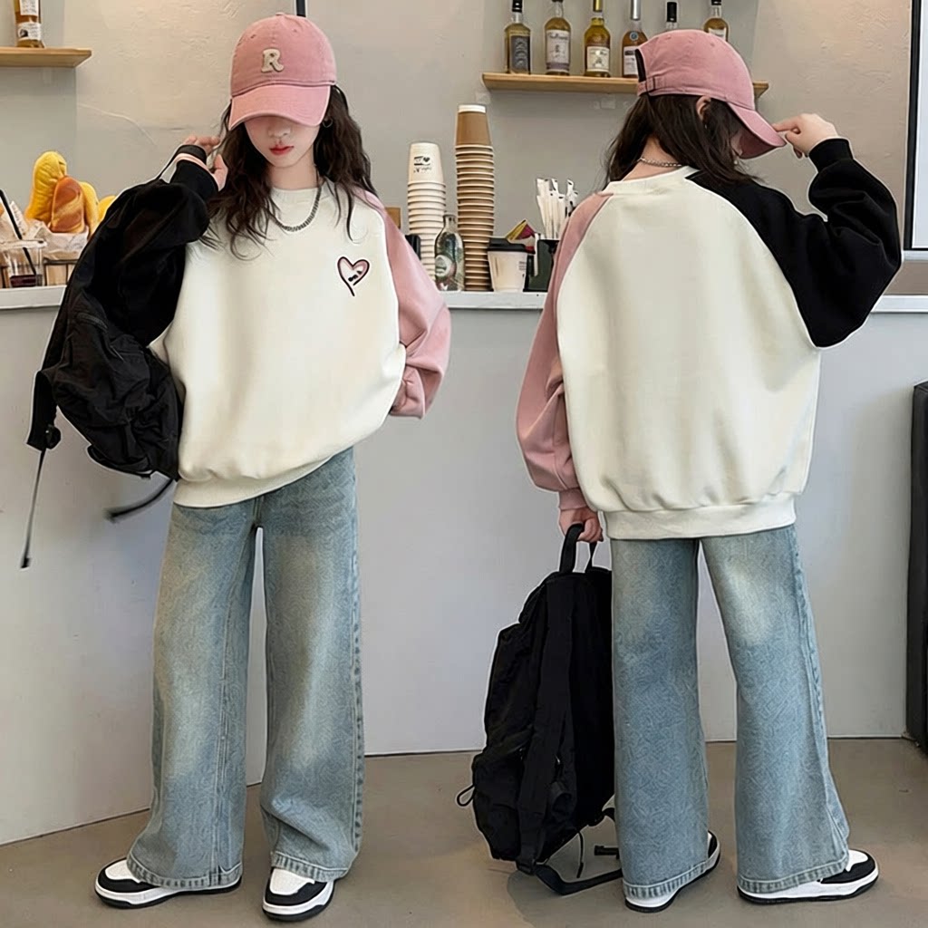 女童打底衫春款韩版中大童长袖T恤女孩拼色卫衣上衣儿童春装