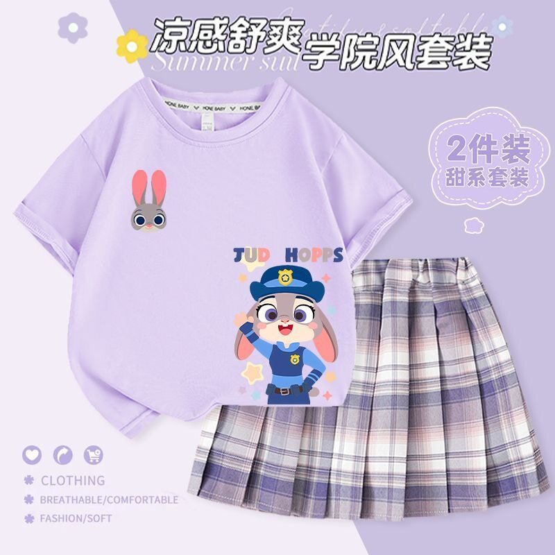 新款疯狂动物城朱迪女童短袖百褶裙套装女孩夏季T-恤彩虹网纱裙子