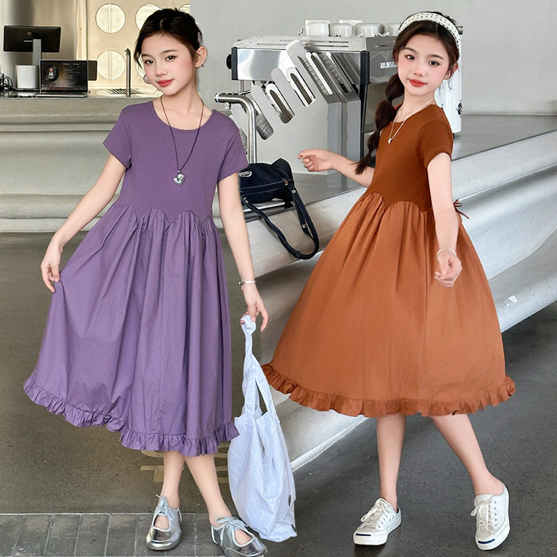 女童短袖连衣裙2025洋气拼接甜美公主裙女孩夏季韩版花边花瓣裙子