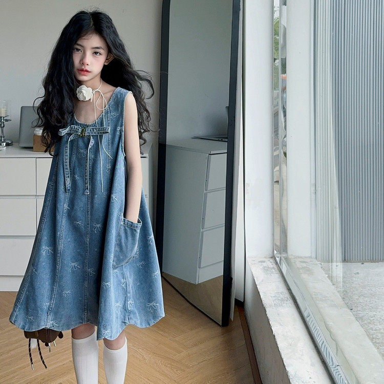 女童夏连衣裙蝴蝶结牛仔背心裙中大童新款无袖中长裙A字裙韩