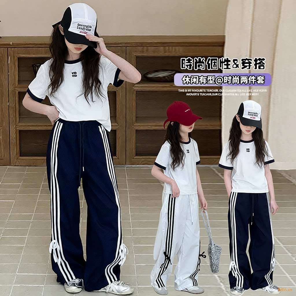 韩系童装夏款儿童字母短袖T恤女童拉条蝴蝶结阔腿运动裤套装