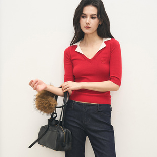 ANTIFORM背构 桑蚕丝羊毛莱赛尔撞色翻领V领针织上衣七分袖女2025