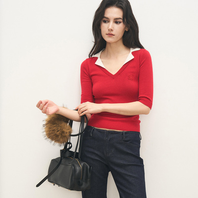 ANTIFORM背构 桑蚕丝羊毛莱赛尔撞色翻领V领针织上衣七分袖女2025