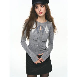 ANTIFORM背构 菱格纹羊毛针织开衫吊带两件套设计感修身长袖上衣