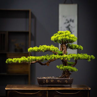 仿真迎客松盆景摆件新中式玄关办公室客厅松树酒店样板间软装饰品