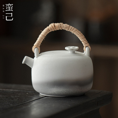 唐宋日式坑烧藤编提梁茶壶窑变素烧煮茶壶温茶壶家用烟熏小茶壶