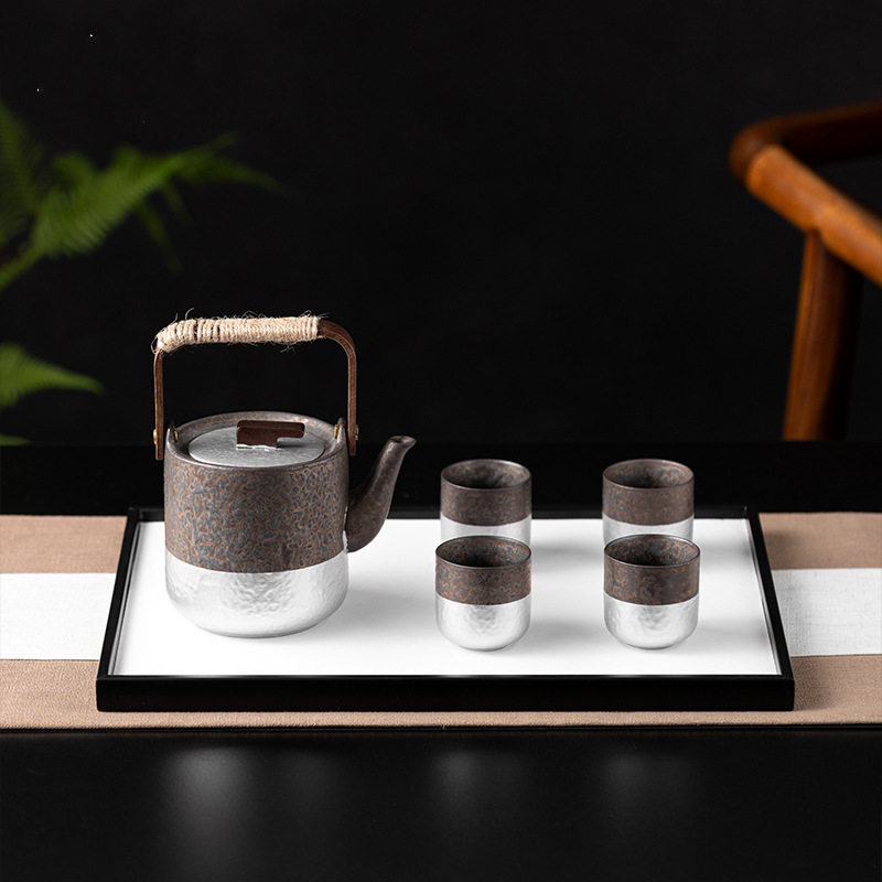 新中式鎏银茶具茶盘托盘组合摆件茶道茶室茶几样板间装饰软装搭配