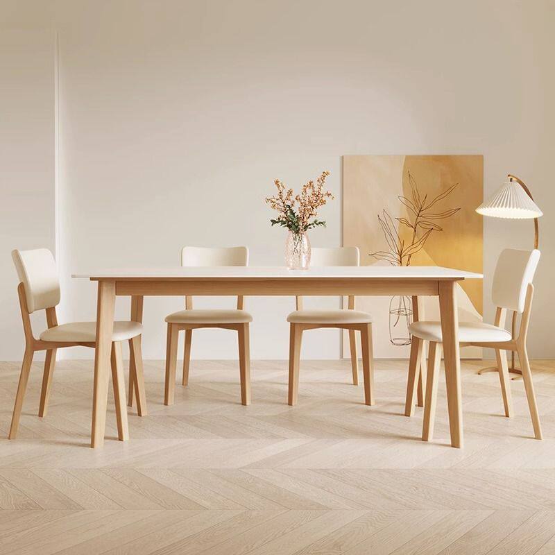 北欧实木岩板餐桌家用奶油风小户型简约轻奢桌椅组合长方形吃饭桌