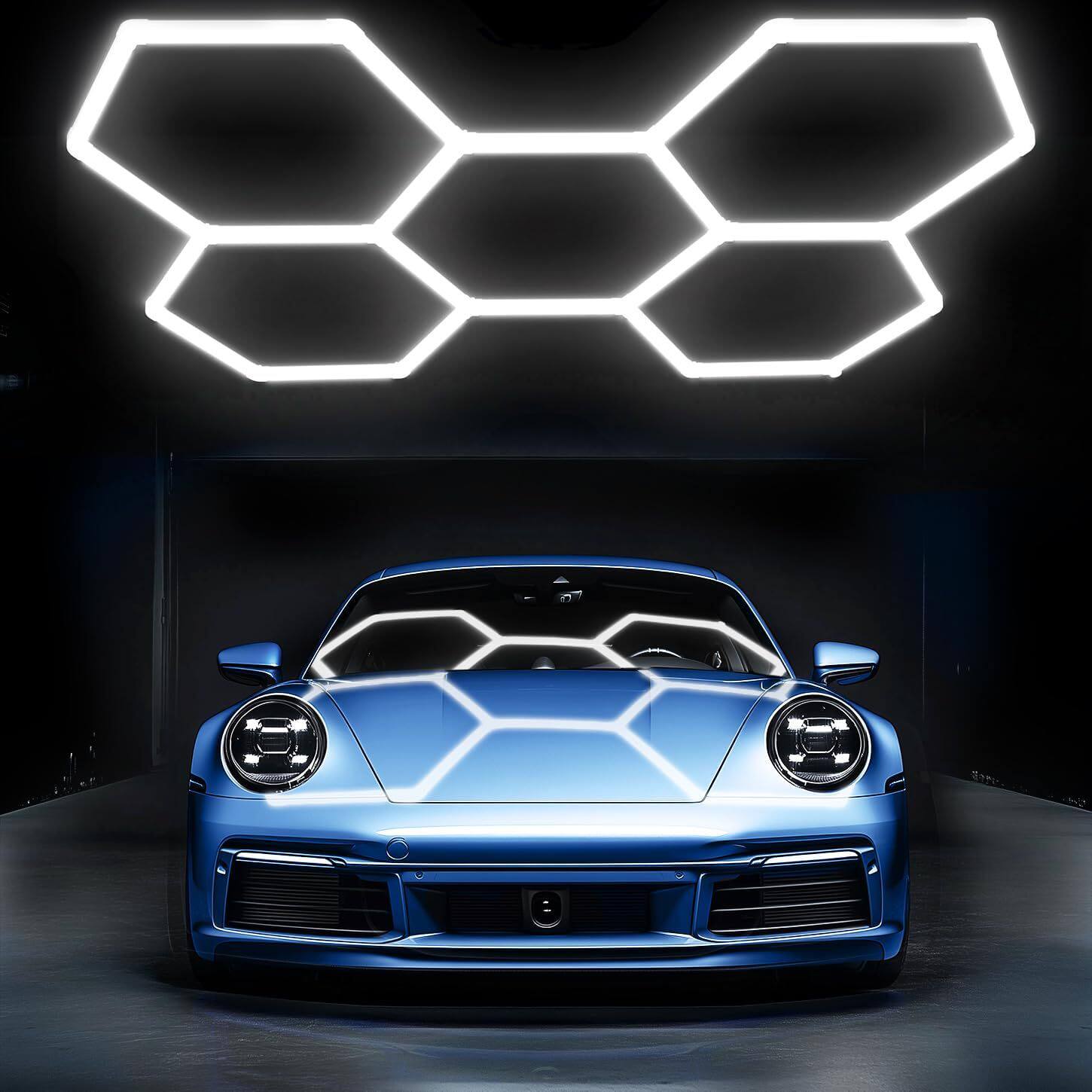 LED一体化支架吊灯六边形蜂窝洗车灯5孔汽车贴膜美容车库工位灯具
